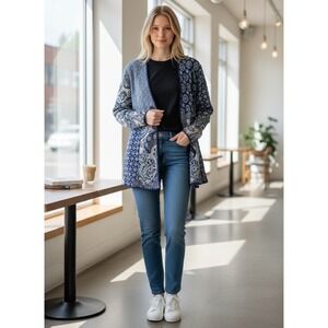 J Jill Bohemian Patchwork Print Open Front Cardigan Sweater Blue Grey Medium